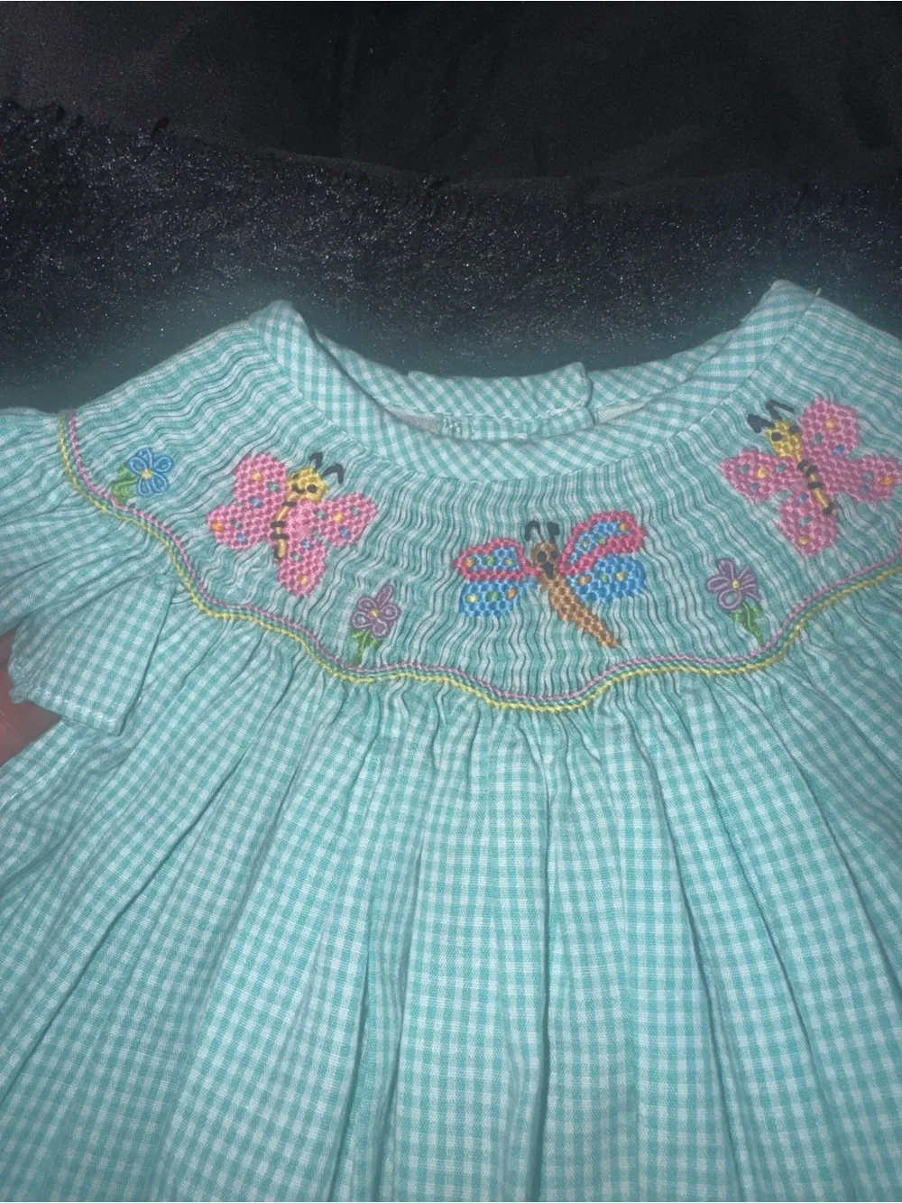 A Classy Chic Boutique Light Blue Gingham Smocked Bubble Romper with Pink Floral